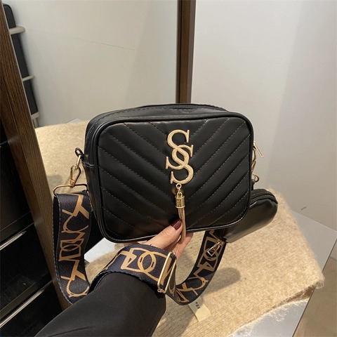 Quilted V-Pattern PU Leather Crossbody Bag For Women With Wide Jacquard Strap And Mini Round Coin Purse Gold Tassel