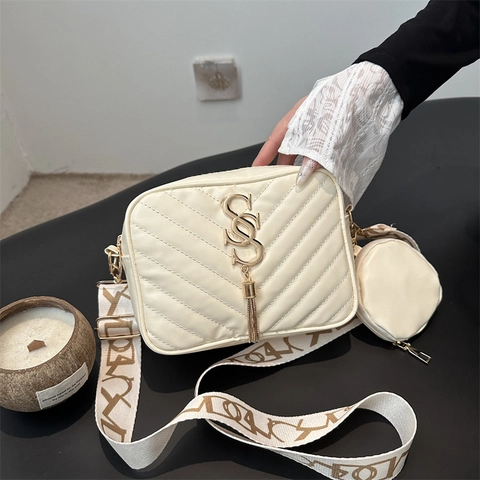 Quilted V-Pattern PU Leather Crossbody Bag For Women With Wide Jacquard Strap And Mini Round Coin Purse Gold Tassel