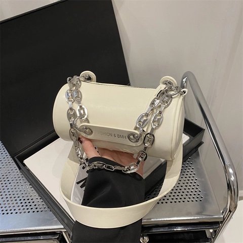 Borsa A Spalla Cilindro Donna Pelle PU Borsa A Tracolla Alla Moda Con Catena In Metallo Argentato E Tracolla Larga