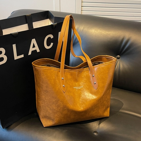 Bolso Tote de Gran Capacidad para Mujer Cuero PU Minimalista con Impresión de Letras Bolso de Hombro para Diario Escuela