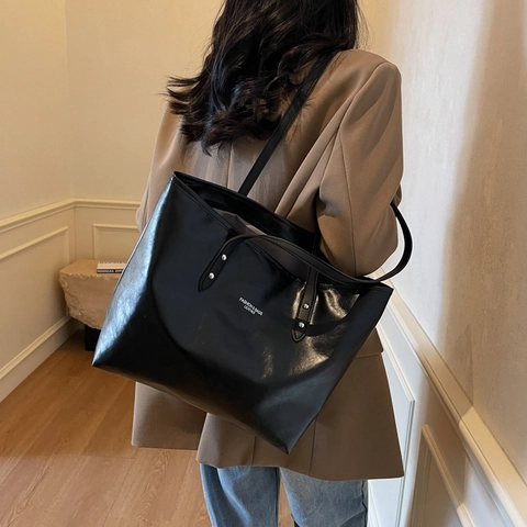 Bolso Tote de Gran Capacidad para Mujer Cuero PU Minimalista con Impresión de Letras Bolso de Hombro para Diario Escuela