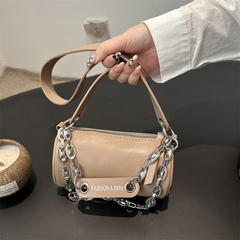 Borsa A Spalla Cilindro Donna Pelle PU Borsa A Tracolla Alla Moda Con Catena In Metallo Argentato E Tracolla Larga