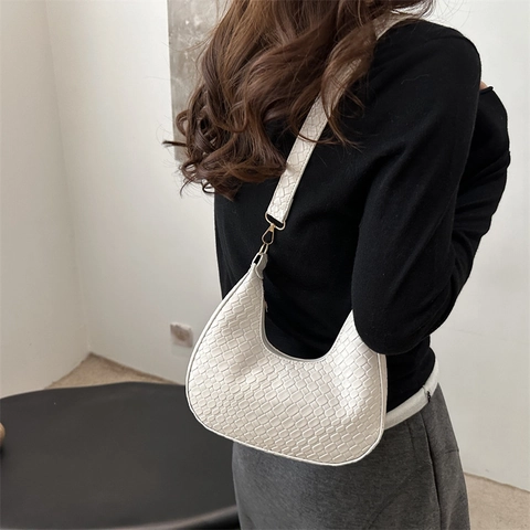 Damen Mode Webstruktur PU Leder Hobo Schultertasche Elegante Halbmond Achseltasche Goldene Hardware Für Den Alltag