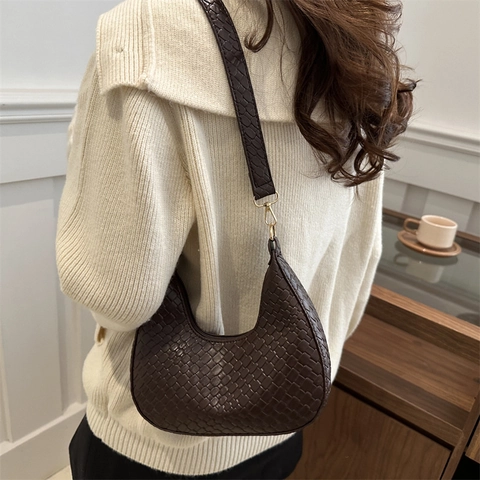 Damen Mode Webstruktur PU Leder Hobo Schultertasche Elegante Halbmond Achseltasche Goldene Hardware Für Den Alltag