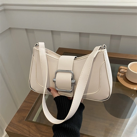 French Style PU Leather Underarm Bag For Women Large Square Buckle Baguette Bag Chic Shoulder Bag Casual Commute Handbag