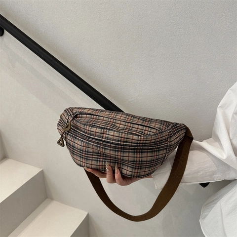 Bolso de Pecho a Cuadros Retro para Mujer Riñonera Bandoulière Viaje Diario Estilo Harajuku Bolso de Tela Fanny Pack