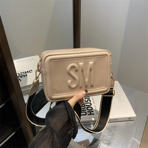 Women Fashion Small Square Bag Embossed Letter Camera Bag With Wide Striped Strap PU Leather Crossbody Shoulder Bag