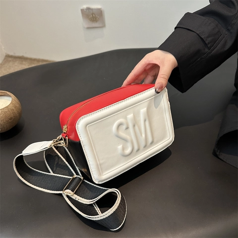 Women Fashion Small Square Bag Embossed Letter Camera Bag With Wide Striped Strap PU Leather Crossbody Shoulder Bag