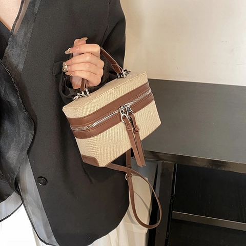 Damen Retro Segeltuch Kunstleder Patchwork Box Tasche Mini Umhängetasche Handtasche Mit Doppelreißverschluss Quaste Täglich Lässig Mode Tasche