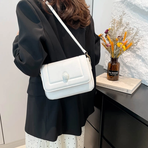 Women Fashion Small Square Bag PU Leather Flap Crossbody Bag With Eagle Head Buckle Adjustable Strap Trendy Solid Color