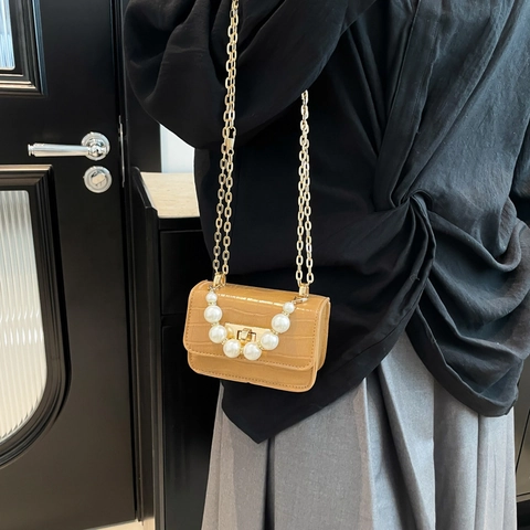 Sac à Bandoulière Femme Mini en Cuir PU Gaufré Croco Vintage Poignée en Künstliche Perles Chaîne Métallique Sac Porté Croisé Mode Main
