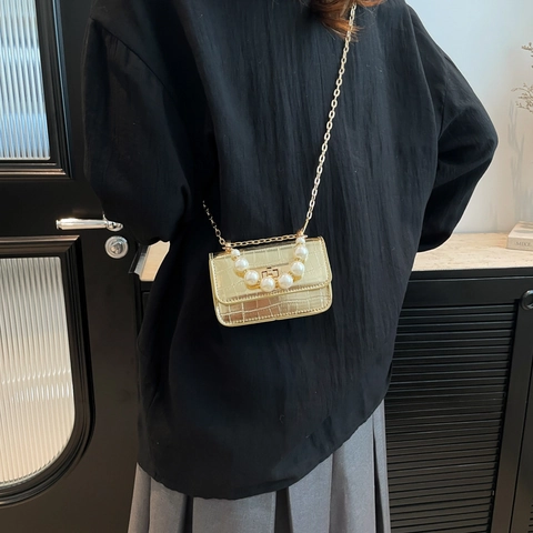 Borsa a Spalla Mini da Donna in Pelle PU con Motivo Coccodrillo e Manico di Perle Catena d'Oro Sottobraccio Piccola Quadrata Vintage