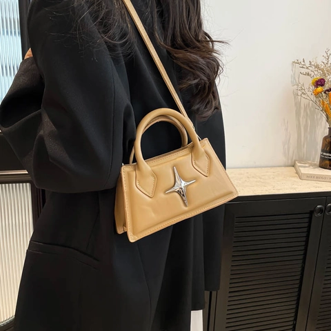 Women's Trendy PU Leather Star Decor Handbag Trapezoid Small Square Shoulder Bag With Adjustable Strap Commute Crossbody Bag