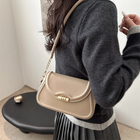 Vintage Damen PU Leder Schultertasche Trendy Gold Hardware Schloss Unterarmtasche Retro Quadratische Umhängetasche Alltagstasche