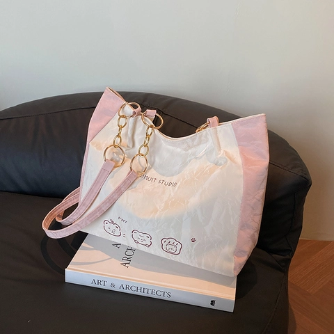 Borsa Tote da Donna con Motivo a Orsetto Cartone Animato Grande Capacità in Pelle PU Pieghettata Tracolla con Catena