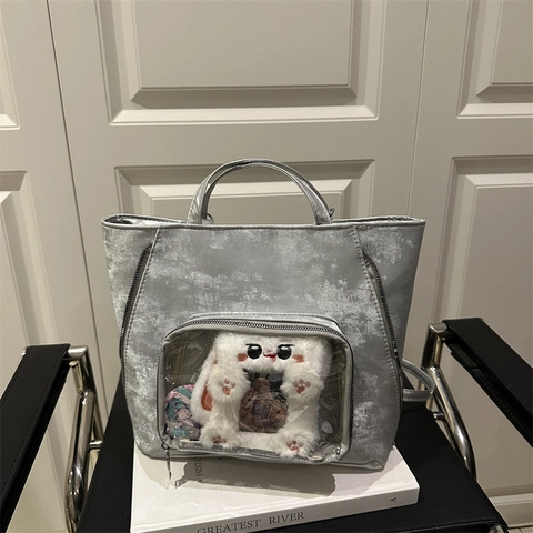 Large Capacity PU Leather Ita Bag Shoulder Tote Bag Fashion Clear Window Display Bag Harajuku Casual Daily Handbag Women