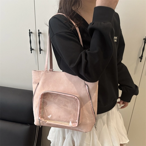 Large Capacity PU Leather Ita Bag Shoulder Tote Bag Fashion Clear Window Display Bag Harajuku Casual Daily Handbag Women