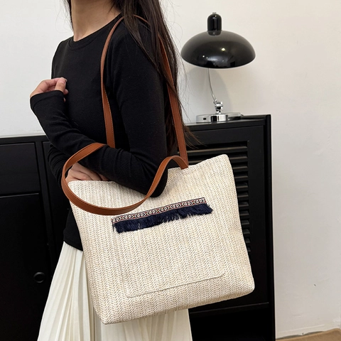 Bolso Tote de Paja Tejido Bohemio para Mujer Con Borla Bordado Étnico Gran Capacidad Caqui Beige Bolso de Hombro para Playa
