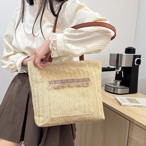 Bolso Tote de Paja Tejido Bohemio para Mujer Con Borla Bordado Étnico Gran Capacidad Caqui Beige Bolso de Hombro para Playa