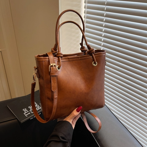 Bolso Bombonera de Cuero PU Vintage para Mujer Color Sólido Brillante Bolso de Hombro Cruzado Moda Bolso de Mano con Nudos