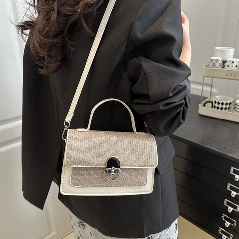Borsa A Tracolla Piccola Quadrata Da Donna Pelle PU Patta Con Paillettes Luccicanti Chiusura In Metallo Retrò Borsetta
