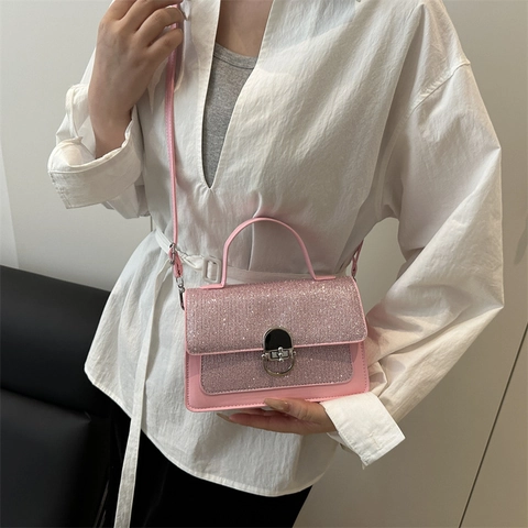 Borsa A Tracolla Piccola Quadrata Da Donna Pelle PU Patta Con Paillettes Luccicanti Chiusura In Metallo Retrò Borsetta