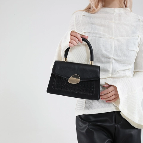 Women Crossbody Bag PU Leather Crocodile Pattern Gold Buckle Handheld Shoulder Small Square Fashion Accessory