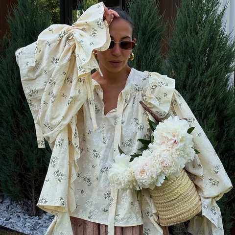 French Style Ruffle Floral Print Cotton Blouse Long Bell Sleeve Round Tie Neck Loose Casual Shirt For Women Top