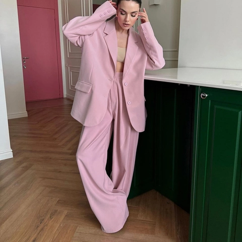 Damen Elegant Rosa Blazer Und Hose Zweiteiler Anzug Set Pendeln Büro Dame Einfarbig Revers Jacke Hose Outfit