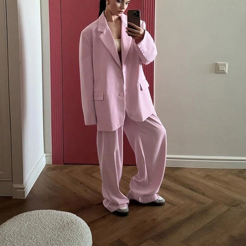 Damen Elegant Rosa Blazer Und Hose Zweiteiler Anzug Set Pendeln Büro Dame Einfarbig Revers Jacke Hose Outfit