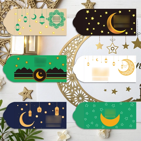 Enveloppes à Argent en Papier Islamique Eid Mubarak Avec Motif Mosquée Étoile Croissant Feuille d'Or Ramadan Kareem Cadeau Festif Modèles Assortis