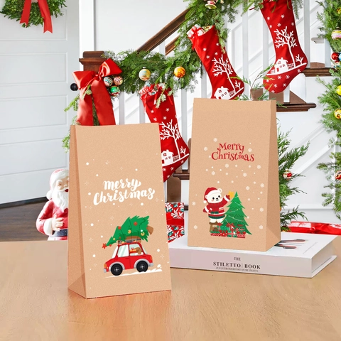 Weihnachtsgeschenktüten Kraftpapier Cartoon Weihnachtsmann Schneemann Druck Feiertagsparty Gastgeschenk Süßigkeiten Verpackung Faltbar