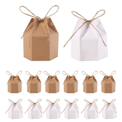 European Hexagonal Kraft Paper Candy Box With Hemp Rope Bow Vintage Gift Box For Wedding Party Favor Packaging