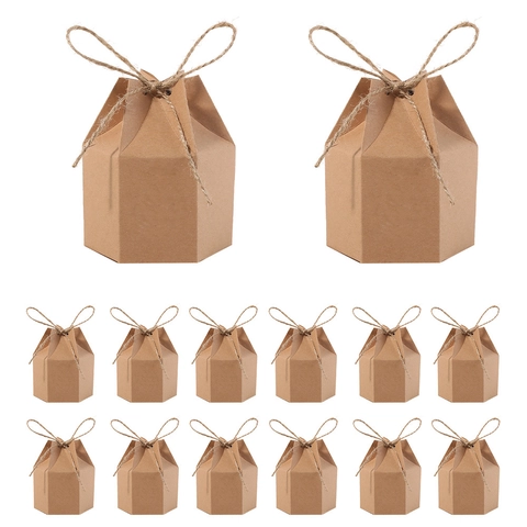European Hexagonal Kraft Paper Candy Box With Hemp Rope Bow Vintage Gift Box For Wedding Party Favor Packaging