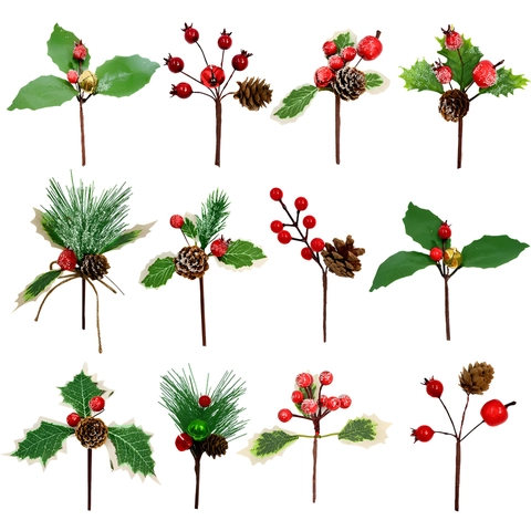 Kunstmatige Kerst Dennenappel Rode Bes Picks Met Dennennaalden Hulstbladeren Voor Kerstboom DIY Krans Decoratie