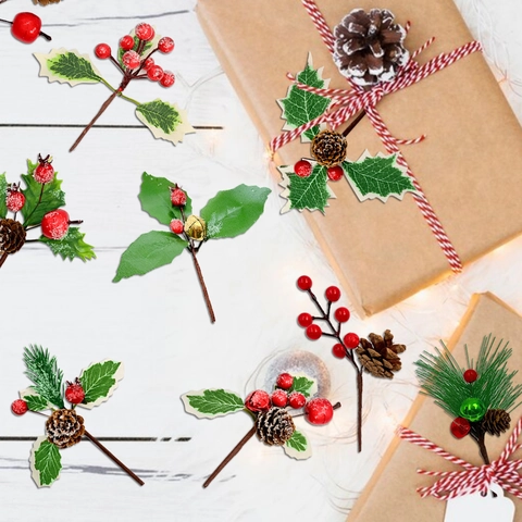 Kunstmatige Kerst Dennenappel Rode Bes Picks Met Dennennaalden Hulstbladeren Voor Kerstboom DIY Krans Decoratie