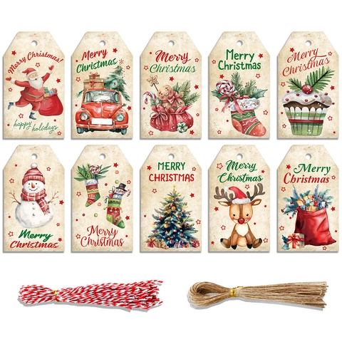 Vintage Kraft Paper Christmas Gift Tags With String Hanging Labels Santa Claus Reindeer Patterns For Holiday Present Wrapping Decor