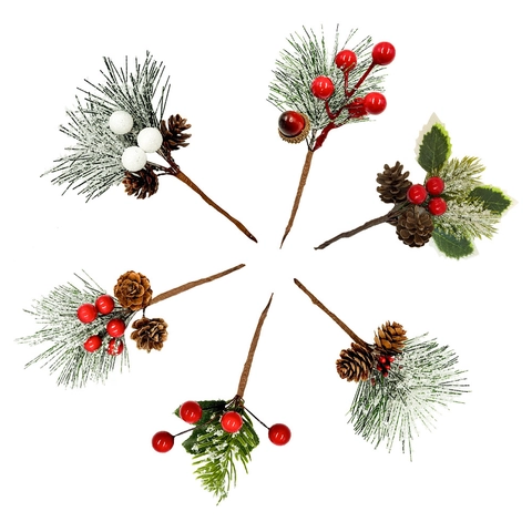 Christmas Artificial Pine Needles Red Berries Pine Cone Floral Picks Snowflake Hemp Rope DIY Wreath Ornament Xmas Decoration