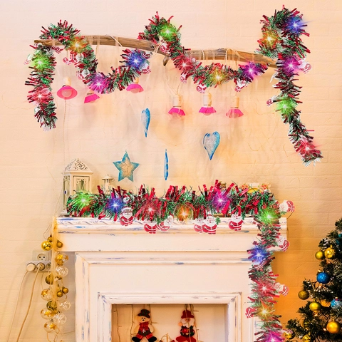 LED Weihnachts-Lametta-Girlande mit Lichterkette Batteriebetrieben Weihnachtsbaum Hängedekoration Schneemann Weihnachtsmann Lebkuchenmann Anhänger Lichterkette für Feiertagsparty Heim-Deko