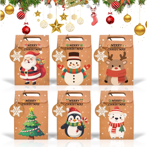 Christmas Kraft Paper Gift Boxes Cartoon Santa Snowman Reindeer Treat Bags With Handles And Snowflake Tags Festive Wrap