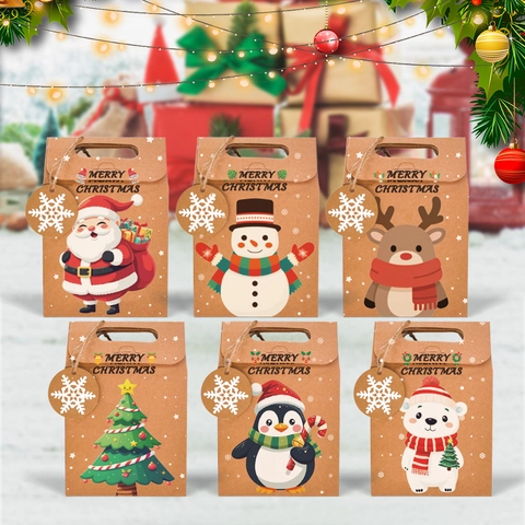 Christmas Kraft Paper Gift Boxes Cartoon Santa Snowman Reindeer Treat Bags With Handles And Snowflake Tags Festive Wrap