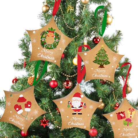Christmas Star Shape Cardstock Gift Box With Satin Ribbon Mixed Patterns Santa Claus Christmas Tree Hanging Ornament Party Favor Boxes