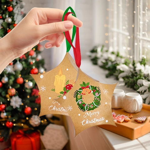 Christmas Star Shape Cardstock Gift Box With Satin Ribbon Mixed Patterns Santa Claus Christmas Tree Hanging Ornament Party Favor Boxes