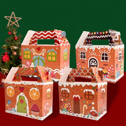 Scatole Regalo di Natale a Forma di Casetta di Pan di Zenzero Con Maniglia in Cartoncino Bianco per Caramelle e Feste