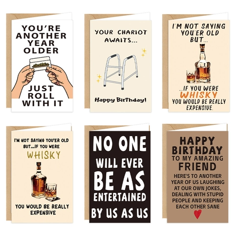 Biglietti d'Auguri di Compleanno Divertenti Con Buste in Kraft Illustrazione Whiskey Messaggi Sarcastici per Amici Famiglia Regalo