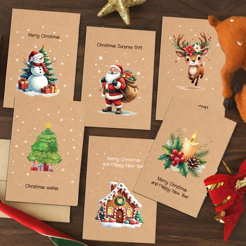 Vintage Weihnachten Grußkarten Set Weißer Karton Weihnachtsmann Rentier Muster Feiertag Segen Postkarten Umschläge