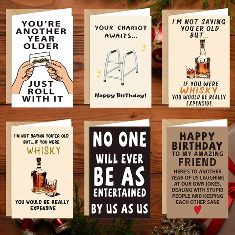 Biglietti d'Auguri di Compleanno Divertenti Con Buste in Kraft Illustrazione Whiskey Messaggi Sarcastici per Amici Famiglia Regalo