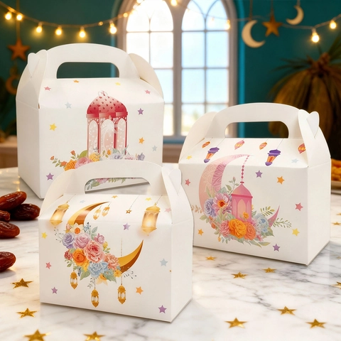 White Cardboard Ramadan Eid Hand-held Gift Boxes Moon Star Lantern Pattern Cartoon Festive Party Favor Candy Packaging Boxes