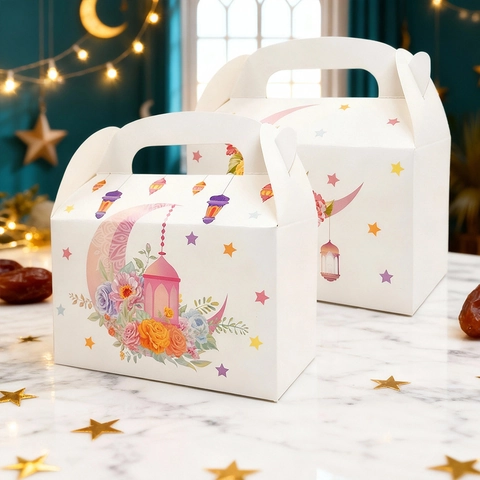 Middle Eastern Style Ramadan Eid White Cardboard Gable Boxes Floral Moon Lantern Print Candy Dessert Packaging Gift Wrap Supplies