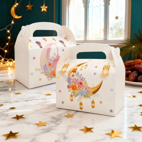 White Cardboard Ramadan Eid Hand-held Gift Boxes Moon Star Lantern Pattern Cartoon Festive Party Favor Candy Packaging Boxes